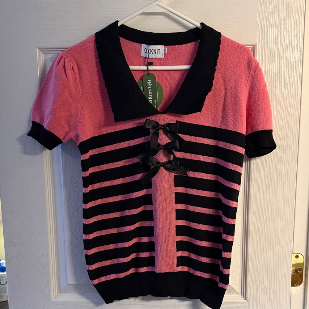 OXKNIT Pink & Black Striped Short-Sleeve Sweater NWT